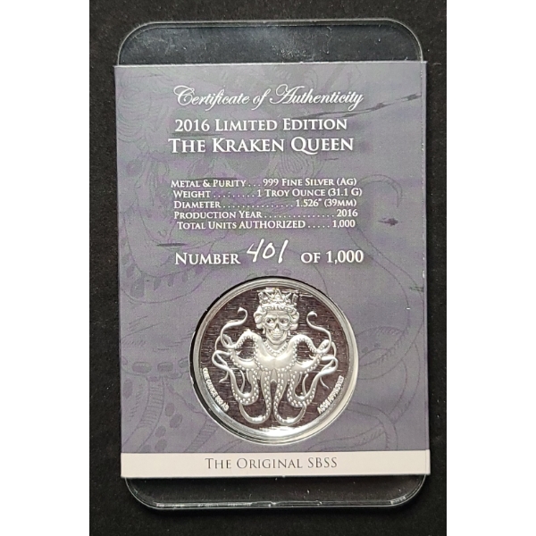 2016 Limited Edition "The Kraken Queen" 1 Troy Oz .999 Fine Silver Coin - Mintage 401/1,000