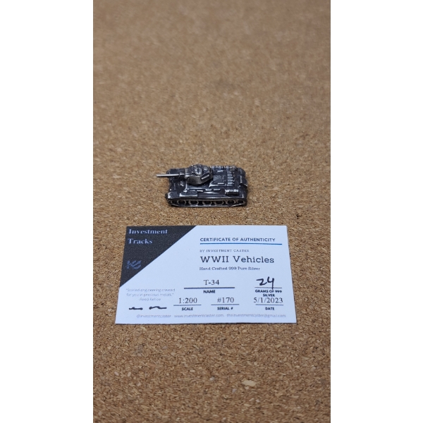 Hand Crafted 1:200 Scale 999 Pure Silver WWII T-34 Vehicle By Investment Caster -Weight: 24.2g