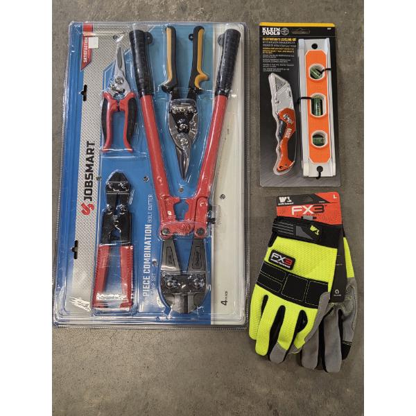 All New- Bolt Cutter/Snip Set, Gloves, Knife & Level