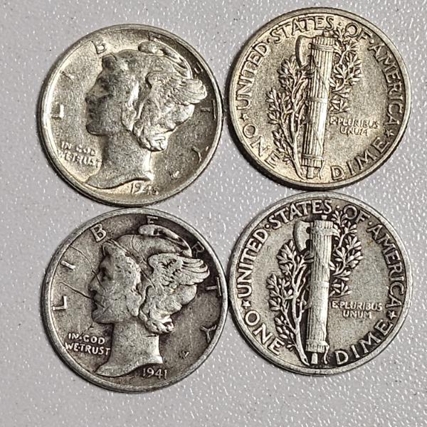 Four 90% Silver Mercury Dimes (0.0723 oz ASW Per Coin)