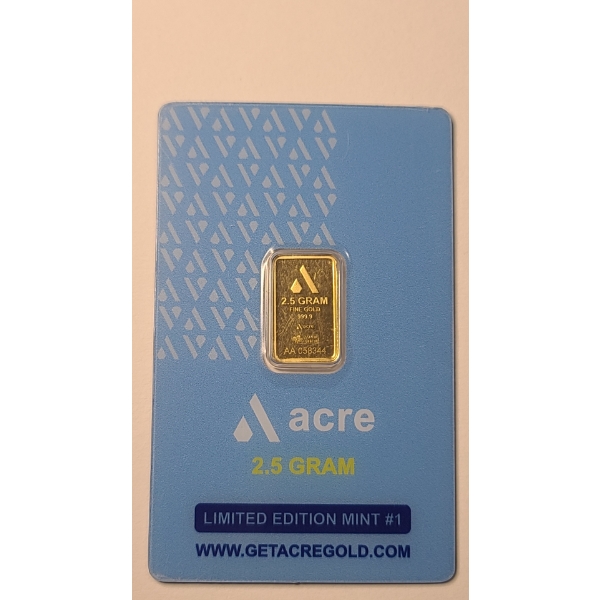 Acre Gold Limited Edition 2.5g .9999 Fine Gold Bar In Sealed Tamper-Evident Assay Card