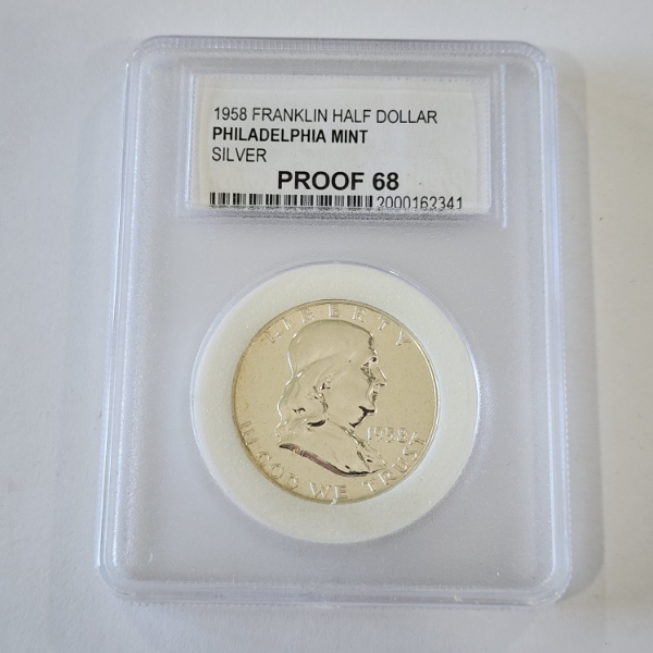 90% Silver U.S. 1958-P Franklin Half Dollar Graded by PCC PROOF 68
