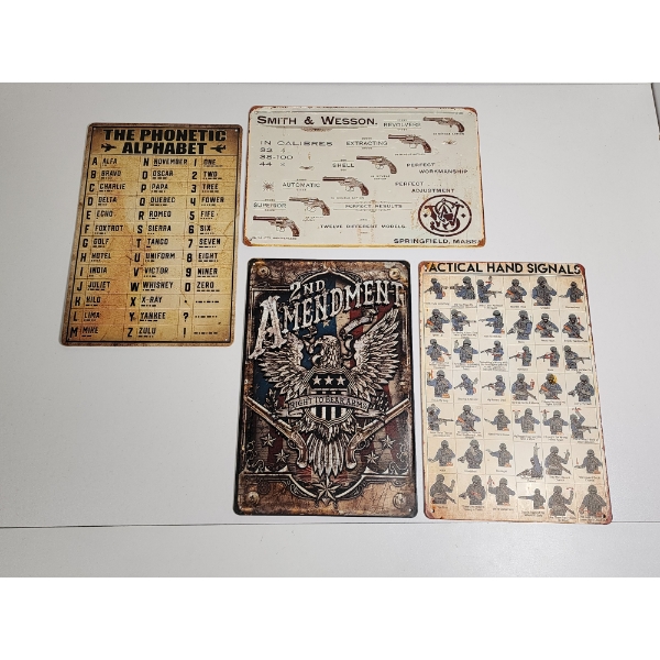 Lot of 4 Gun, Tactical, & USA Theme Collectible Metal Hanging Signs Approx. 11.5 x 8in 