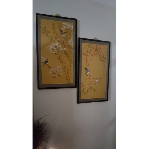 2 Pcs - Framed & Matted -  32" x 19" Signed Oriental Bird Paintings On Rice Paper