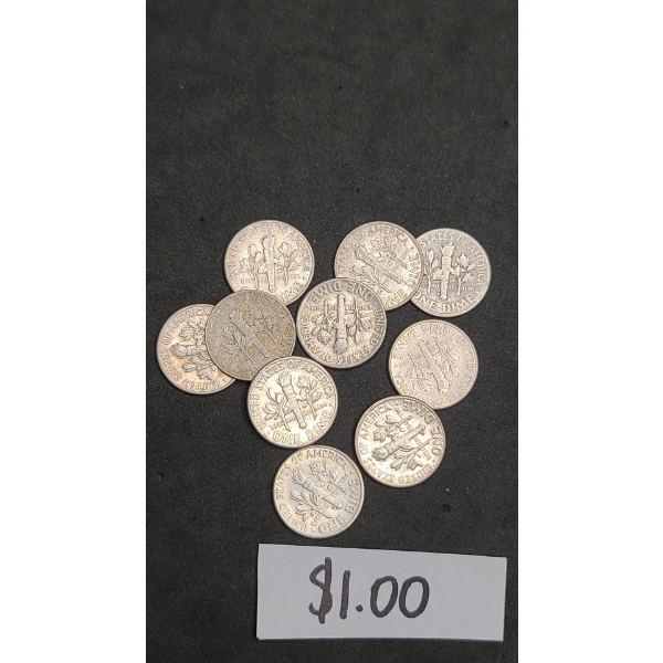 Assorted Years/Mint Marks 90% Silver Roosevelt Dimes - Face Value: $1.00