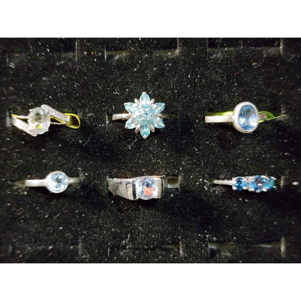 Six Sterling Silver Rings Including Blue Topaz, Green Amethyst & More - Total Weight: 14.3 Grams