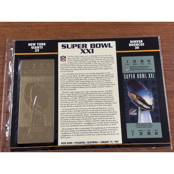 Authentic 1987 Super Bowl XXI NFL Football Ticket & 24K Gold Plated Ticket - Mint Condition