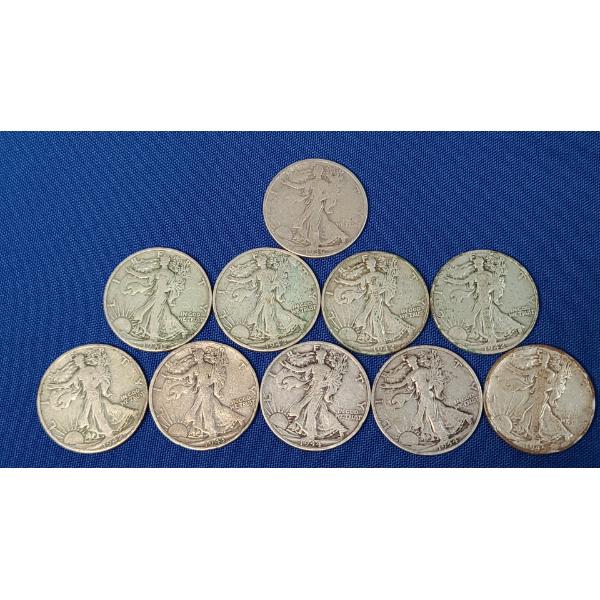 Assorted Years 90% Silver Walking Liberty Half Dollars - Face Value: $5.00