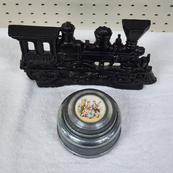 Nice Heavy Duty Cast Iron Railroad or Train Bookend With Vintage Music Box From Sears!