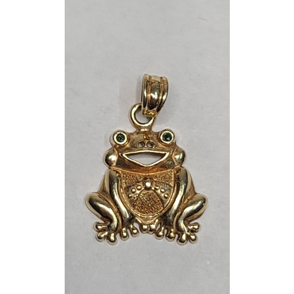 14K Yellow Gold Textured Sitting Frog Charm Pendant - Weight: 2.0g