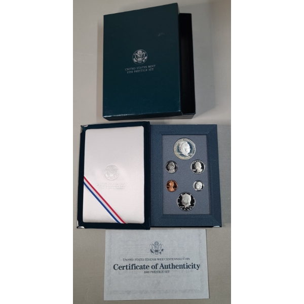 1990-S United States Mint Prestige Proof Coin Set Including Eisenhower Centennial 90% Silver Dollar