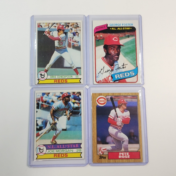 Four Assorted Cincinnati Reds Baseball Cards: Conception, Foster (SIGNED), Morgan, Rose  