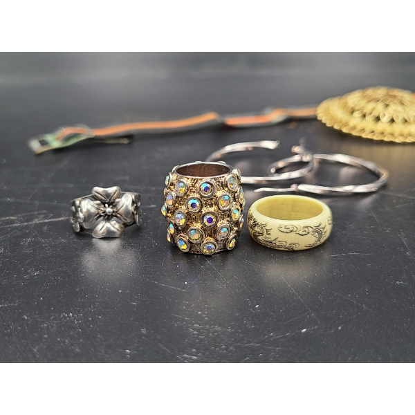 Assorted Jewelry - Watch Band - Brooch - Earrings - Clip on Earrings - 3 Rings - Necklace Charm