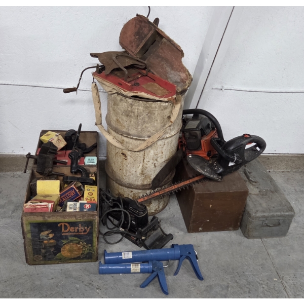 Vintage 26''x12'' Wood Crate. 27'' Metal Barrel, Caulk Guns, Hedge Trimmer, Chain Saw, Vintage Seed