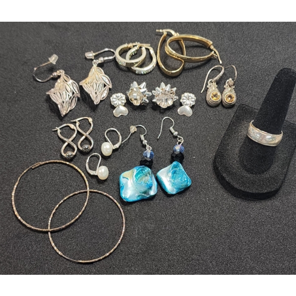 Nice Assortment of Sterling Silver Earrings: Stud, Hoop, Dangle & One Ring - Total Weight: 43.3g