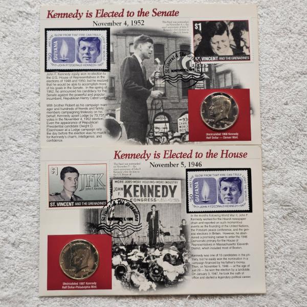 Two Commemorative Panels Honoring John F. Kennedy ft Uncirculated 67/68 Half-Dollar Coins  FV: $1.00