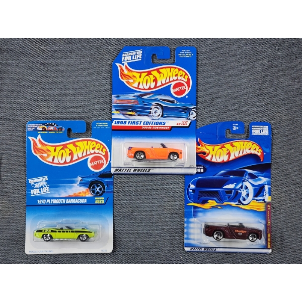 Three NEW IN BOX Mattel Hot Wheels Ft Two Dodge Sidewinders & One Plymouth Barracuda