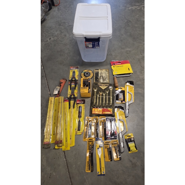 29 Quart Storage Container With New Tools Including, DeWalt Bits, Stanley Hack Saws, Multi Tool & Mo