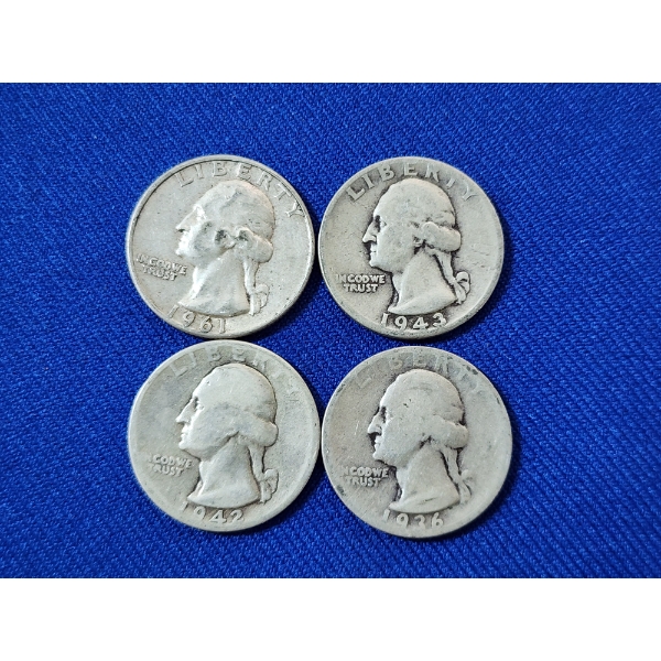 x4 Assorted Years U.S. 90% Silver Washington Quarters FV: $1.00