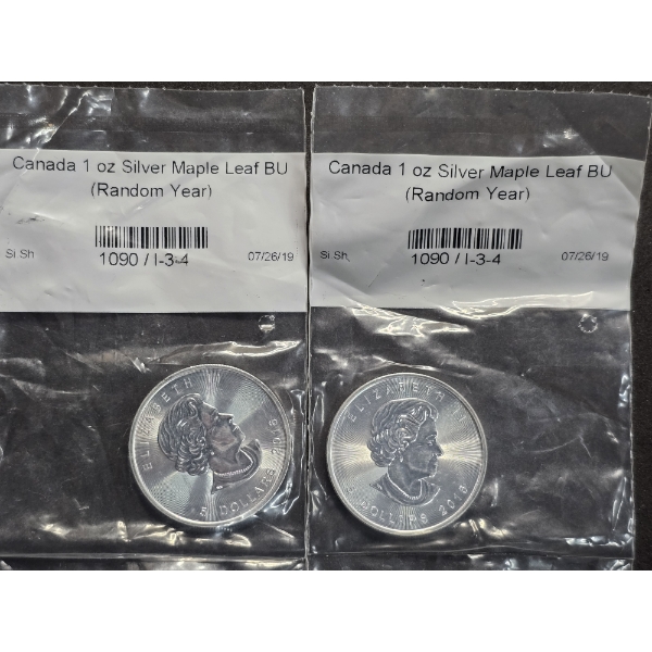 (2) Canada 1oz Silver Maple Leaf BU 2016 - $5 - .9999 Silver