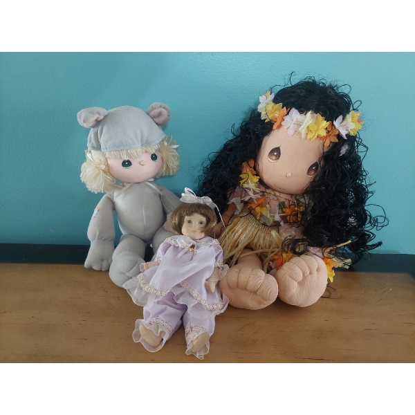 Group Of 3 (Three)  14" - 12" - 7" Cloth Dolls As Shown