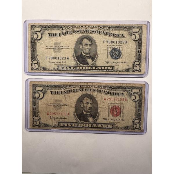 1953 & 1963 United States Lincoln $5.00 Bills - Red & Blue Seals In Protective Holders