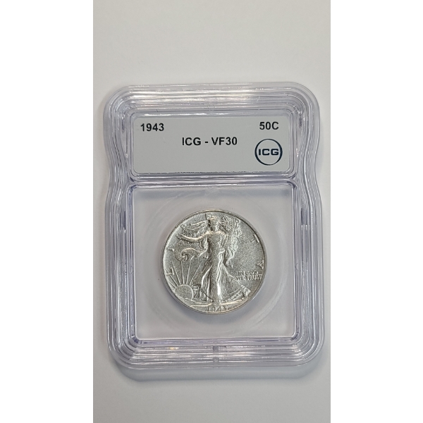 ICG 1943 VF30 90% Silver Walking Liberty Half Dollar