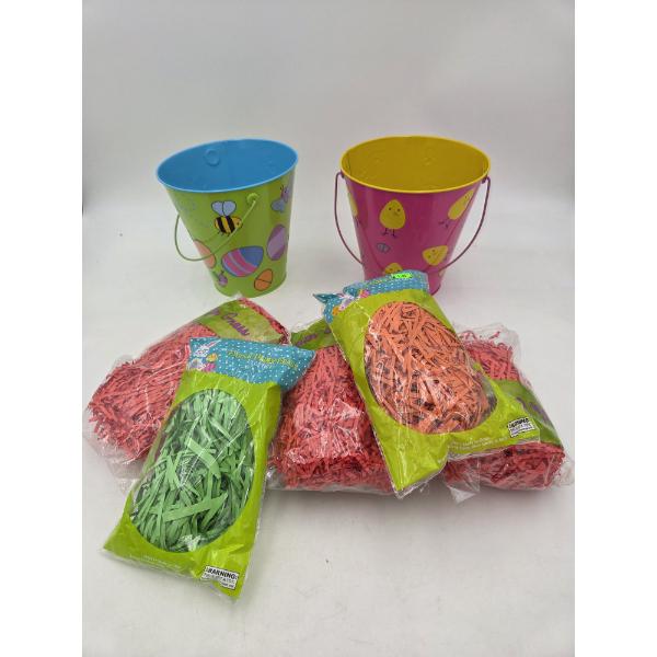Two Brand New 7'' Cute Metal Easter Pails & Five 1.75 oz Packs Of Easter Grass