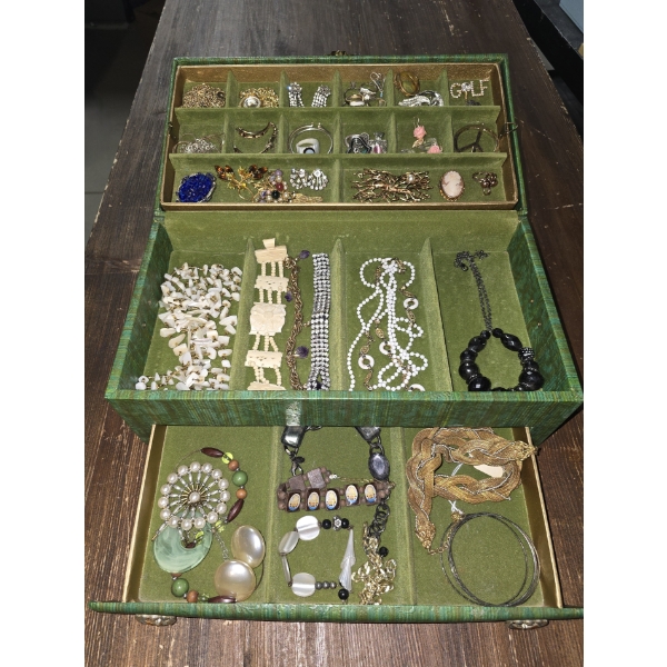 Assorted Costume Jewelry with Vintage Green Jewelry Box