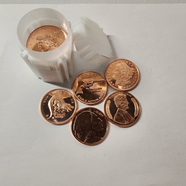 Tube Of (20) 1 ADVP Ounce .999 Fine Copper Rounds With Assorted Motifs