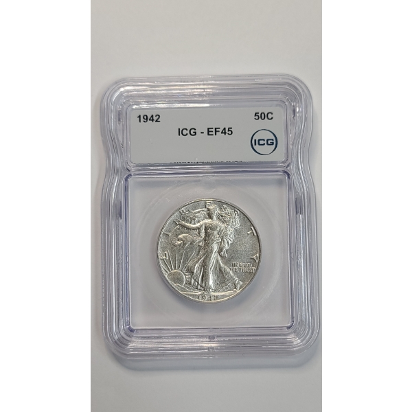 ICG 1942 EF45 90% Silver Walking Liberty Half Dollar 