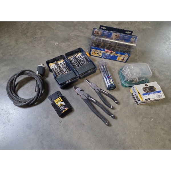 Tool Group Including Ryobi Bit Sets, Husky Pliers, Screws & Extension Cord