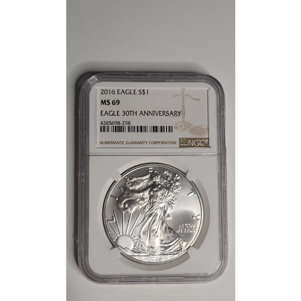 NGC 2016 MS 69 30TH Anniversary 1 Troy Ounce .999 Fine Silver American Eagle
