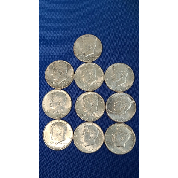 (10) 1964 Silver Kennedy Half Dollars - Face Value: $5.00