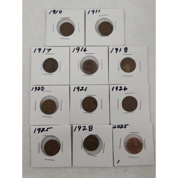 (10) Assorted Years Lincoln Wheat Cents & 2025 Lincoln Cent - Face Value: $0.11