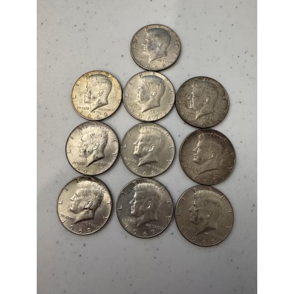 10- Late 1960's 40% Silver Kennedy Half Dollars - Face Value: $5.00