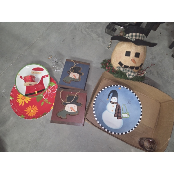 Great Collection Of Christmas Items. Large Snowman, Platters, Ribbon & More!