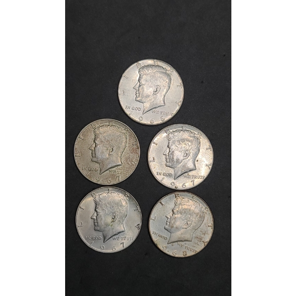 (5) Assorted Years 40% Silver Kennedy Half Dollars - Face Value: $2.50