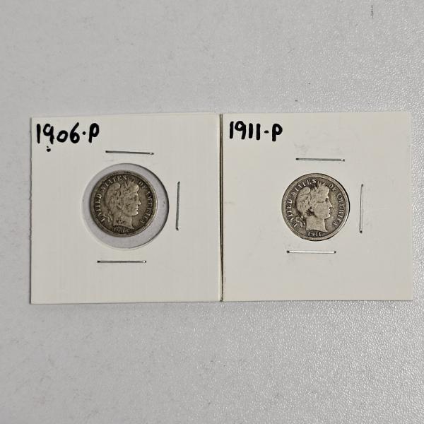 1906 P And 1911 P Barber 90% Silver Dimes - ASW 4.5g
