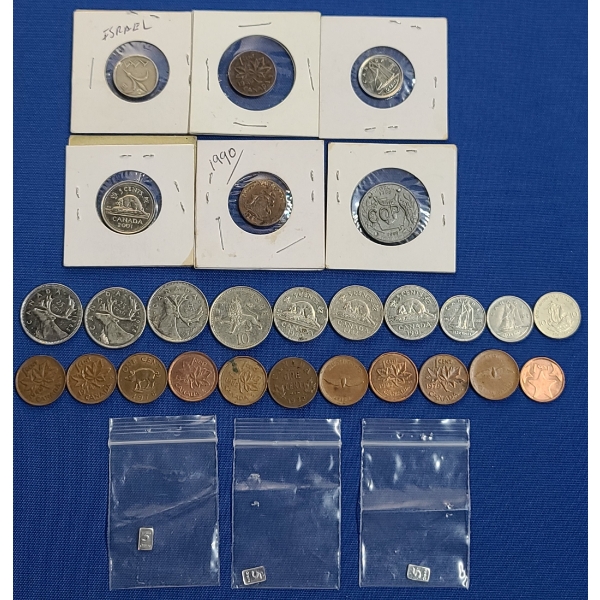 Three 5 Grains Of .999 Fine Silver Bars & Assorted Foreign Coins 
