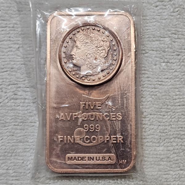 5 AVDP Ounce Morgan .999 Fine Copper Bullion Bar
