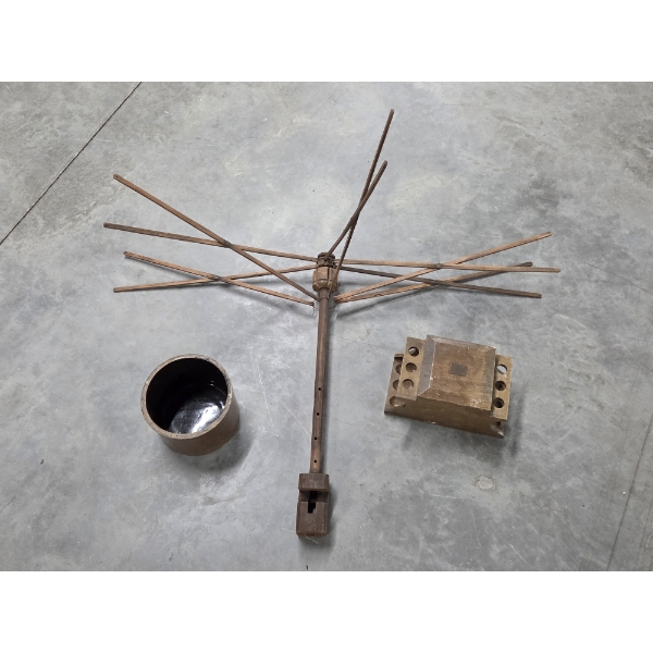Vintage Wood 38''x 25'' Umbrella Style Drying Rack, 6.5''x8'' Wood Pipe Stand & 5''x7'' Crock  