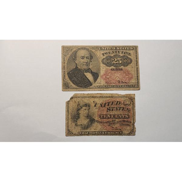 (2) U.S Fractional Currency Notes- 1874 25 Cent Fifth Issue Note & 1863 Fourth Issue 10 Cent Note