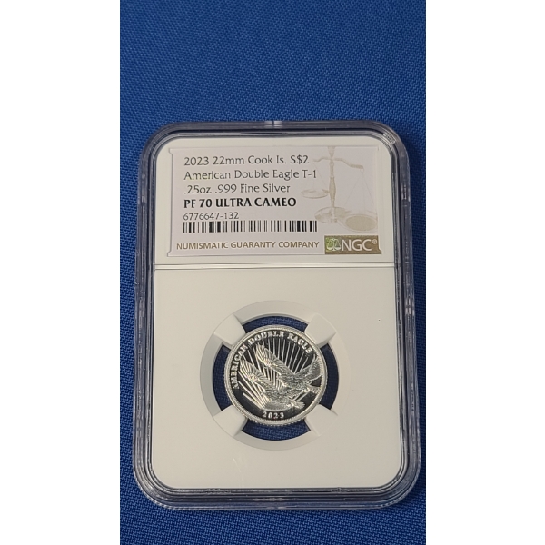 NGC 2023 PF 70 Ultra Cameo 22mm Cook Islands $2 .25 Oz .999 Fine Silver American Double Eagle T-1