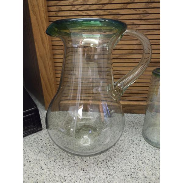 Gorgeous Iridescent Green Glass Pitcher And 10 Matching Tall Glasses