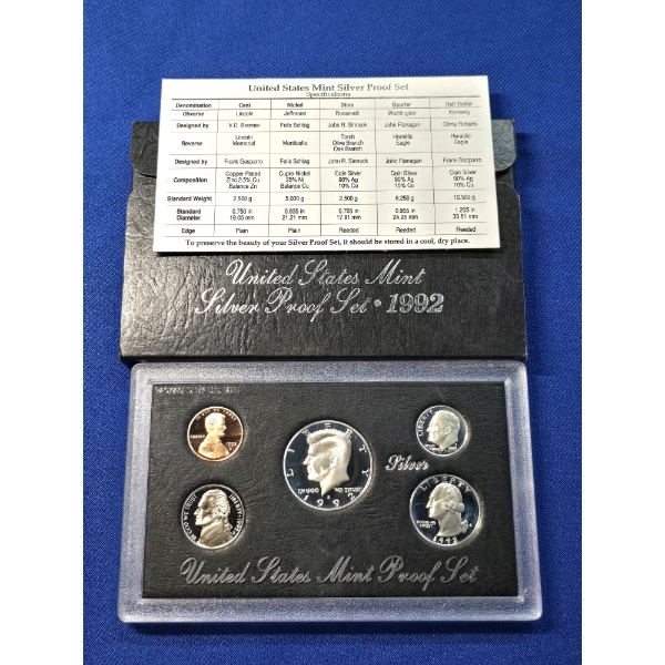 1992- S United States Mint Silver Proof Set - 5 Coin Set with Display Case