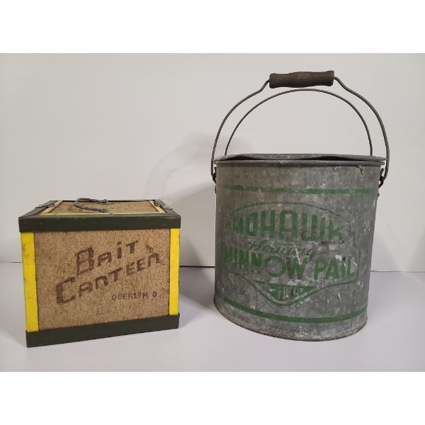 Lot of Two Vintage Bait Containers Ft. Bait Canteen & Mohawk Minnow Pail