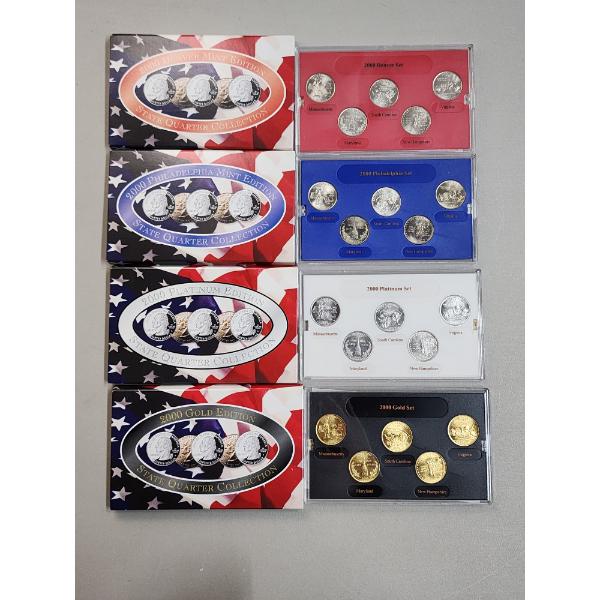 (4) 2000 State Quarter Collection Sets: Gold Edition/Platinum Edition/Philadelphia Mint/Denver Mint