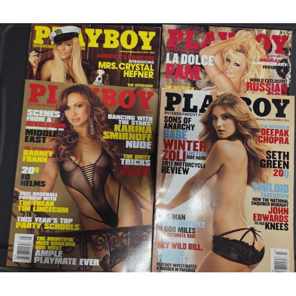 Four 2011 Excellent Condition Playboy Magazine Collectors Issues Featuring Pam Anderson & Crystal He