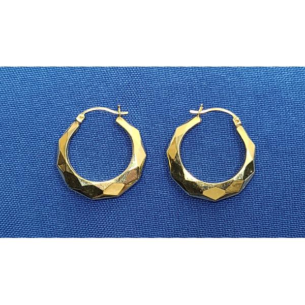 14K Gold Diamond-cut Faceted Hexagon Hoop Earrings - Weight: 3.0g